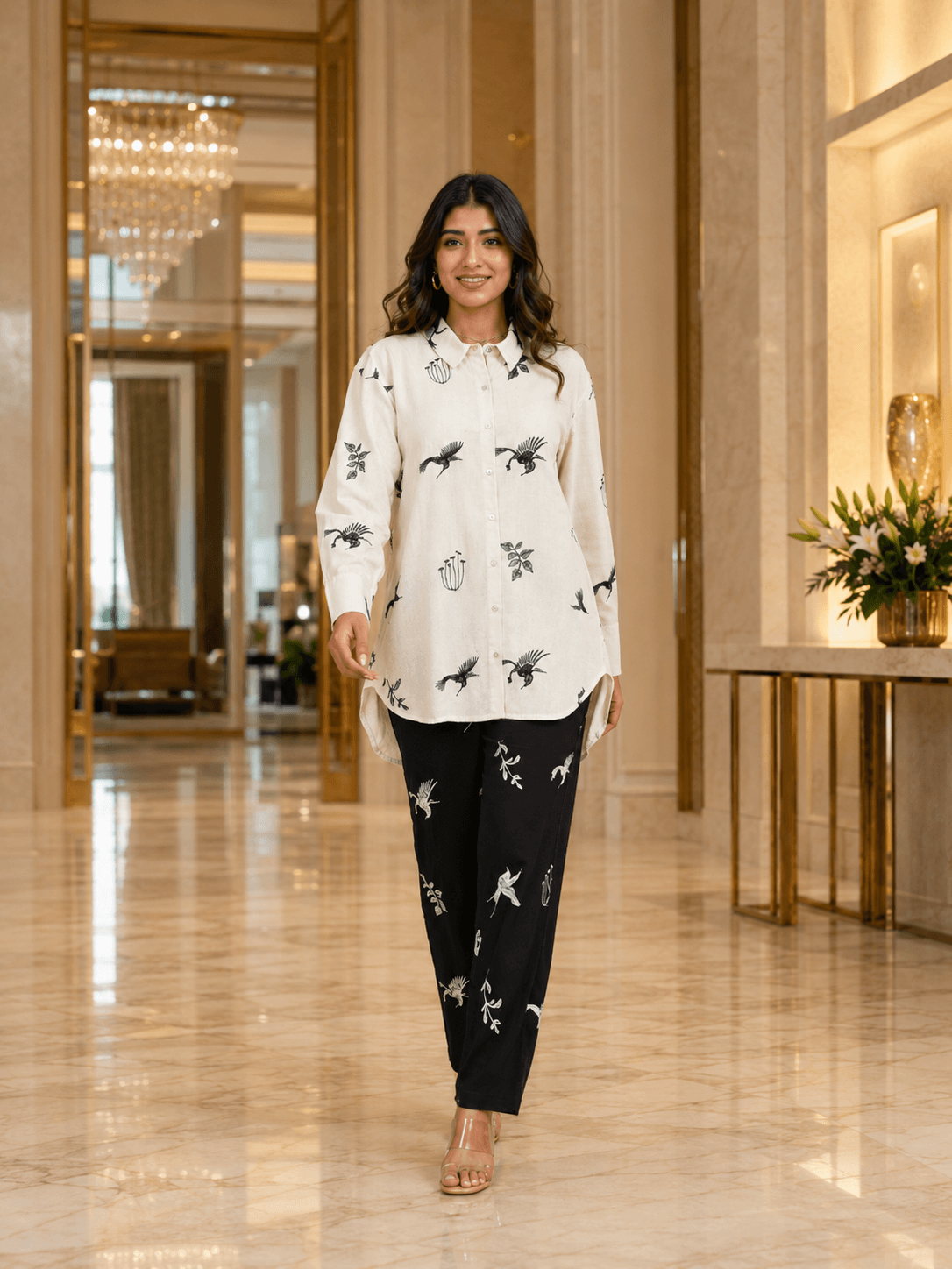 Ivory Noir Bird-Print Co-Ord Set