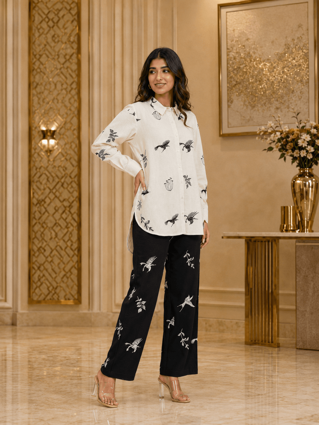 Ivory Noir Bird-Print Co-Ord Set