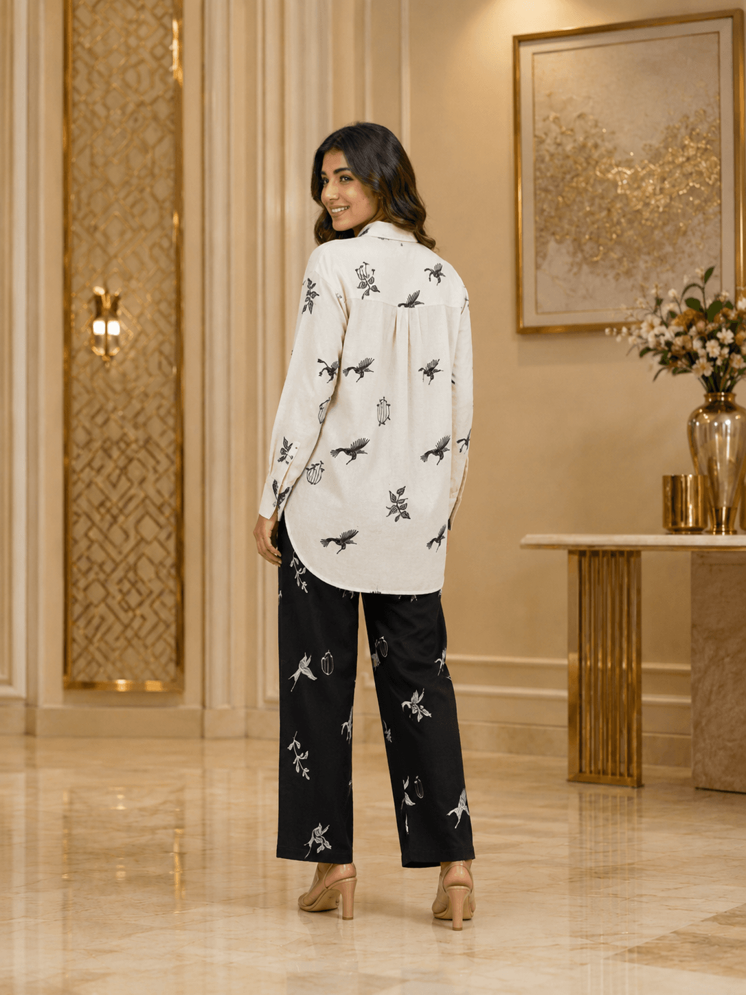 Ivory Noir Bird-Print Co-Ord Set