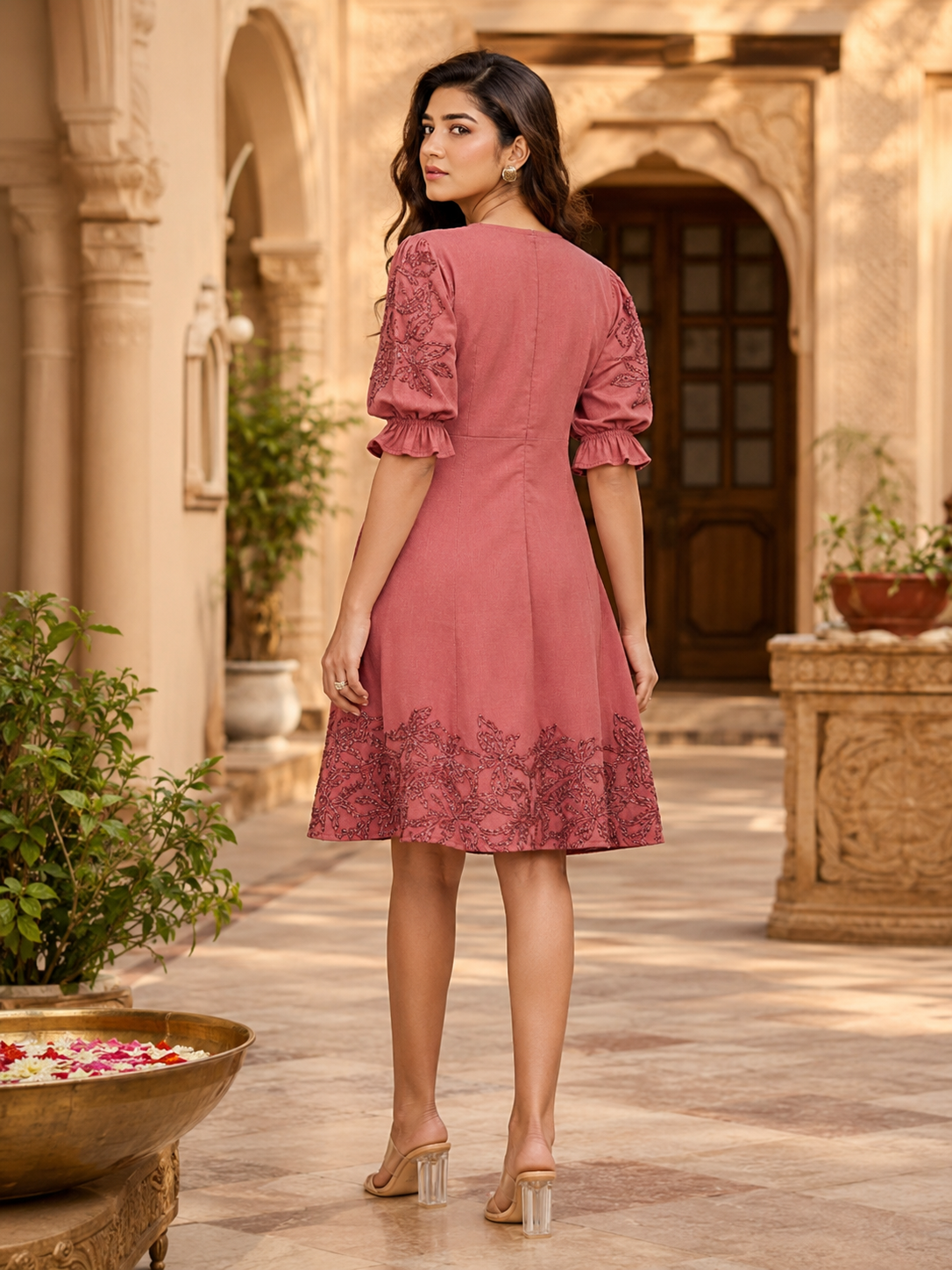 Red Elegant Embroidered One Piece(knee length)