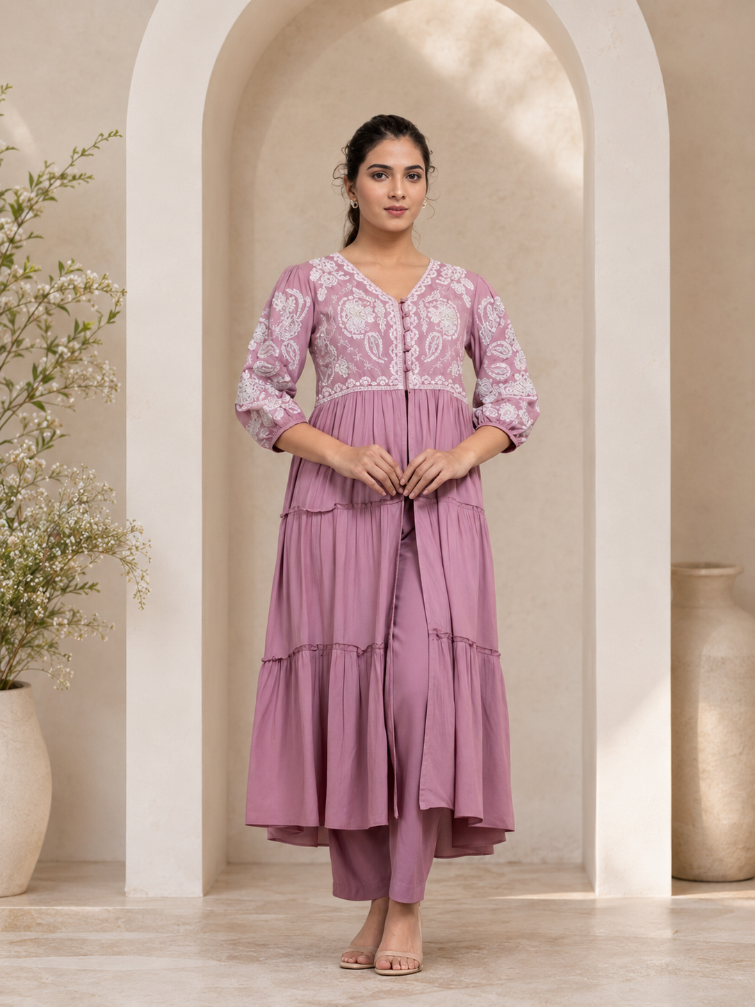 Purple Floral Grace kurta set with slit and flair