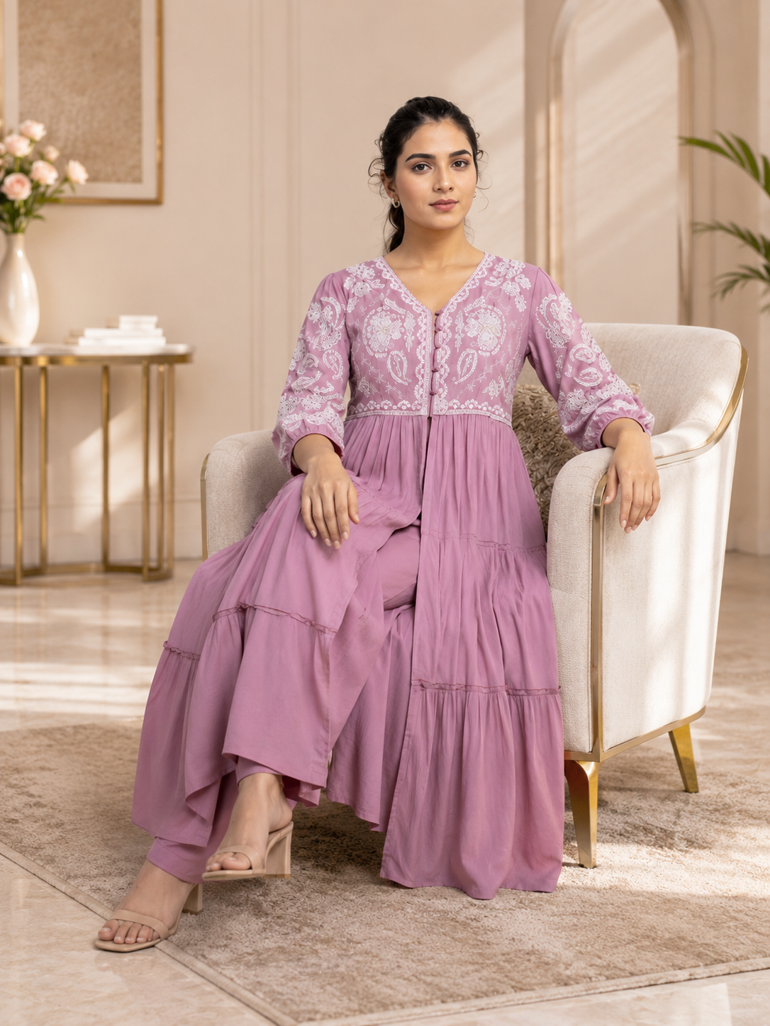 Purple Floral Grace kurta set with slit and flair