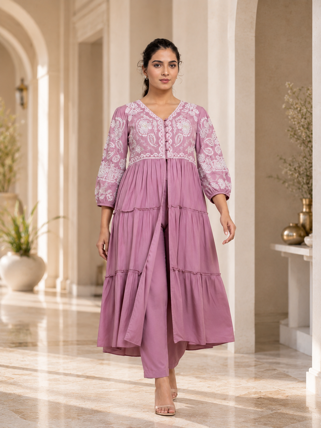Purple Floral Grace kurta set with slit and flair
