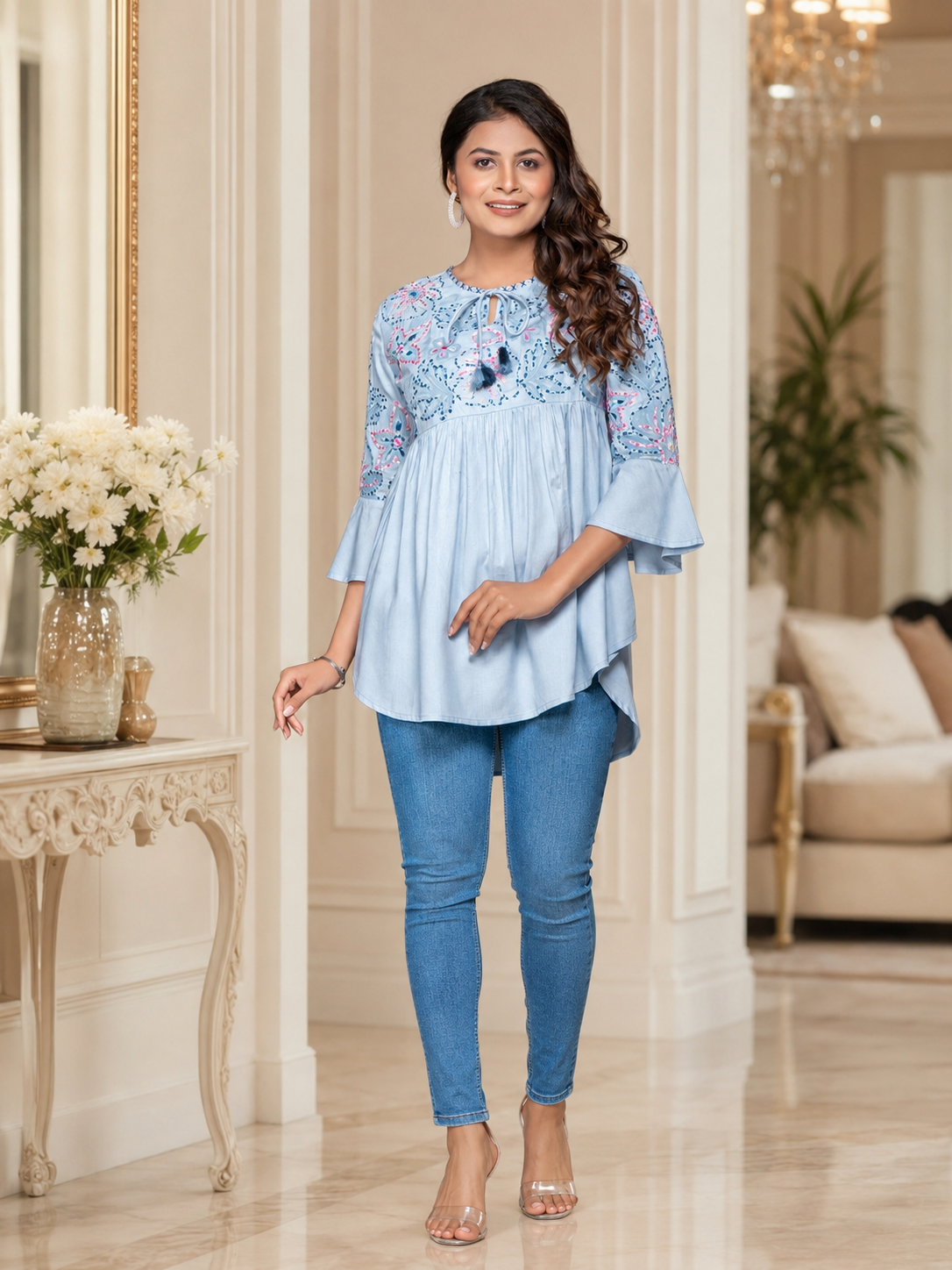 Light Blue Elegant Embroidered Tunic
