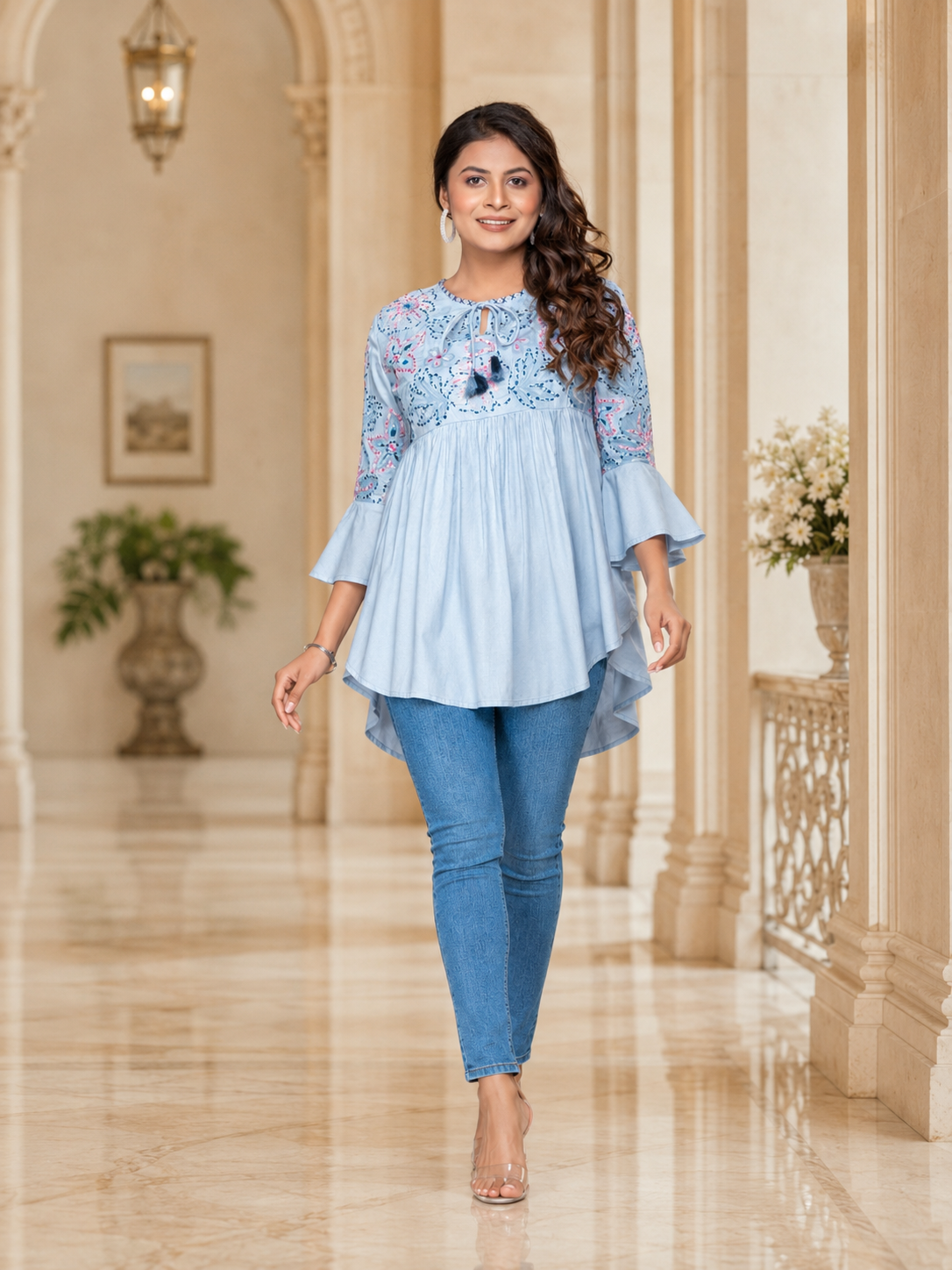 Light Blue Elegant Embroidered Tunic