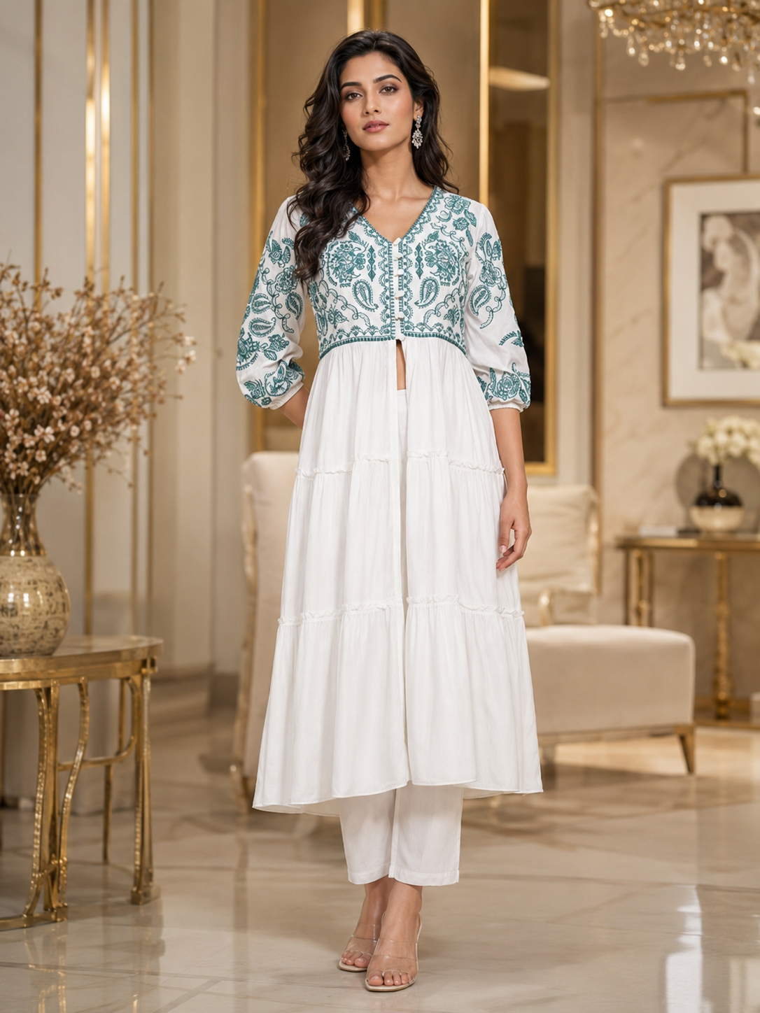White Floral Grace kurta set with slit and flair