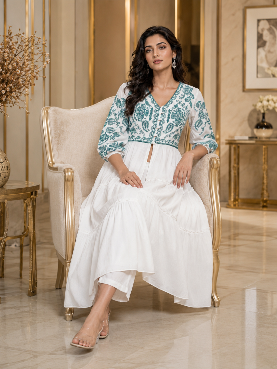 White Floral Grace kurta set with slit and flair