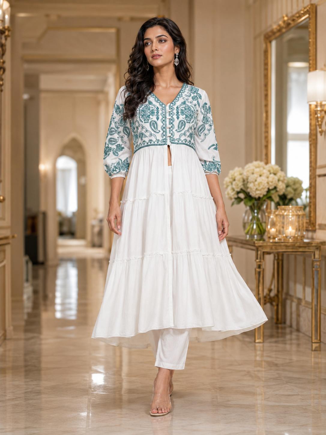 White Floral Grace kurta set with slit and flair