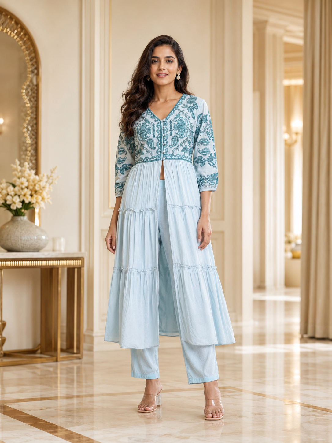LIght Blue Floral Grace kurta set with slit and flair