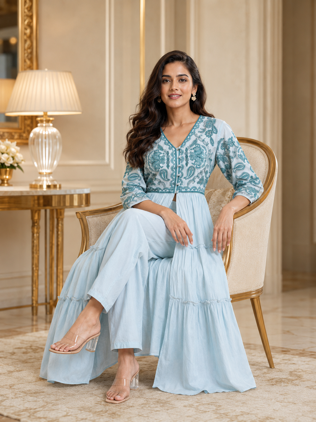 LIght Blue Floral Grace kurta set with slit and flair