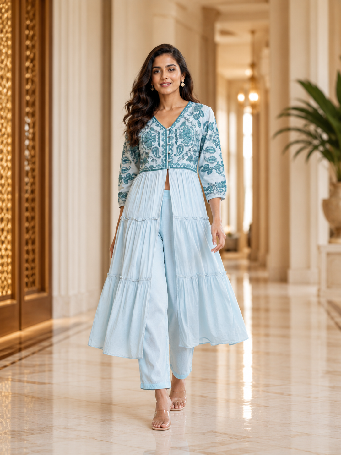 LIght Blue Floral Grace kurta set with slit and flair