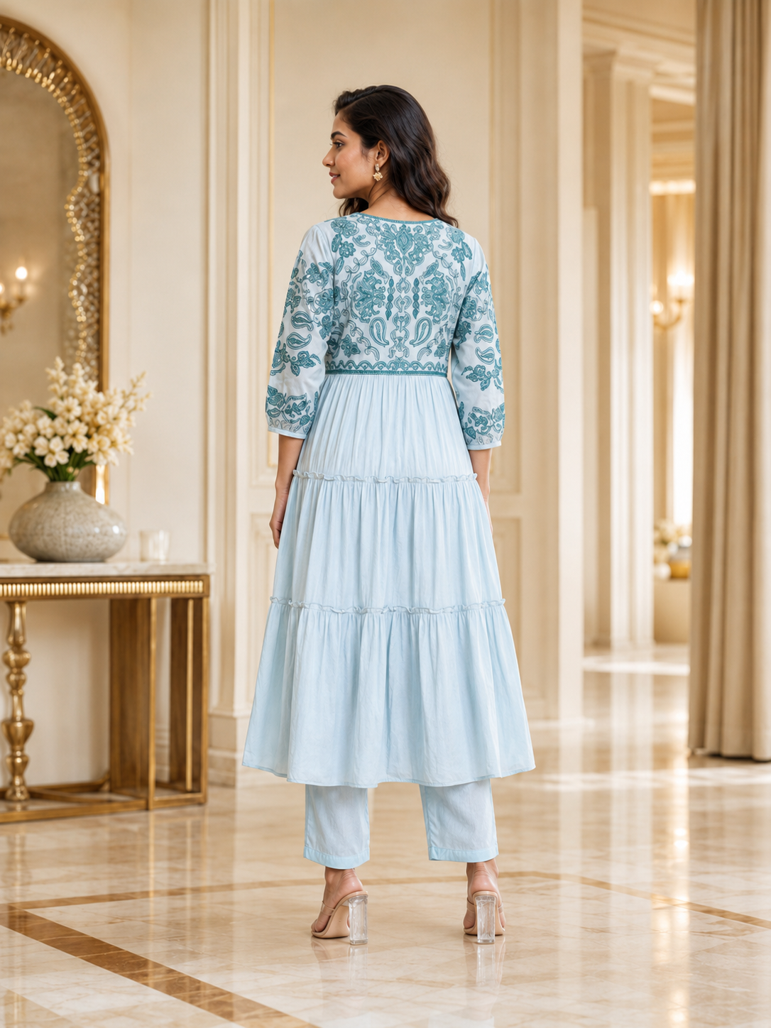 LIght Blue Floral Grace kurta set with slit and flair