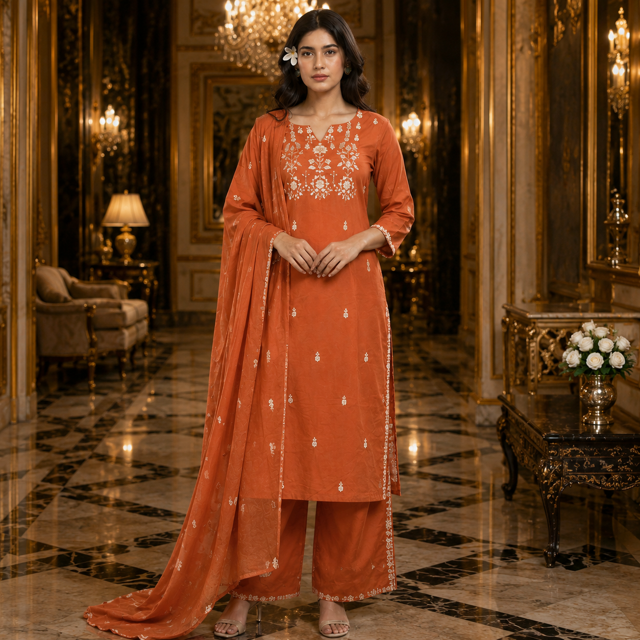 Sunset Ember Embroidered Suit Set