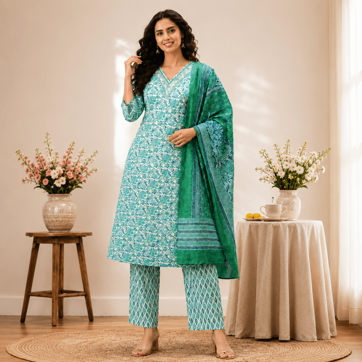 Teal Floral Kurta Set
