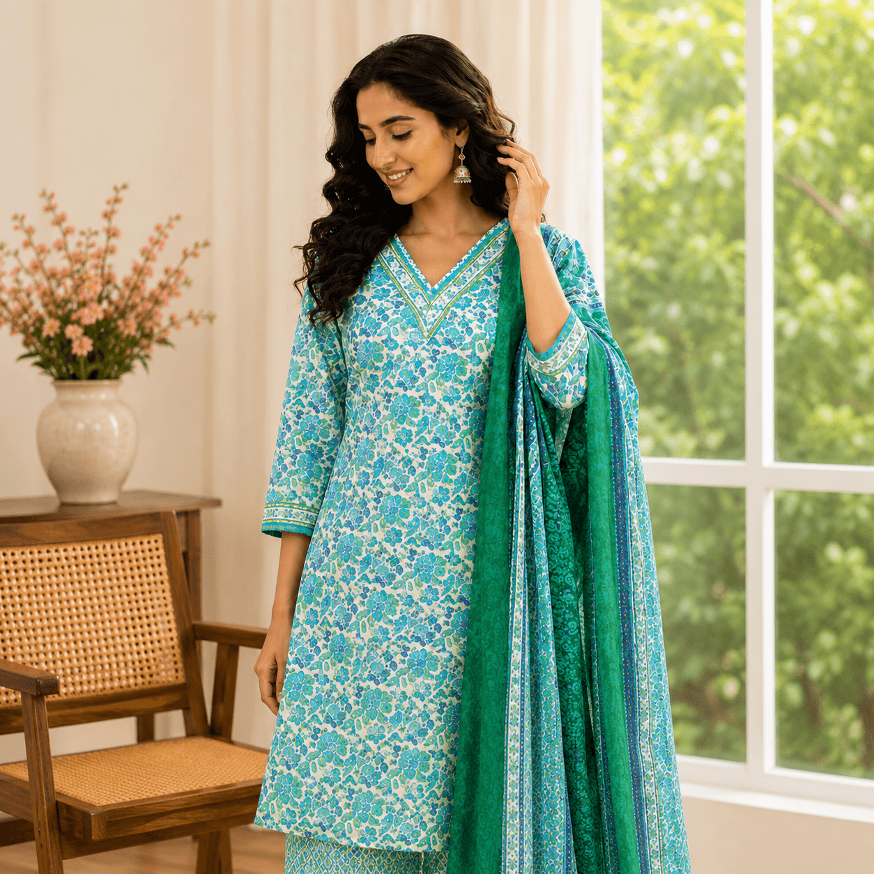 Teal Floral Kurta Set