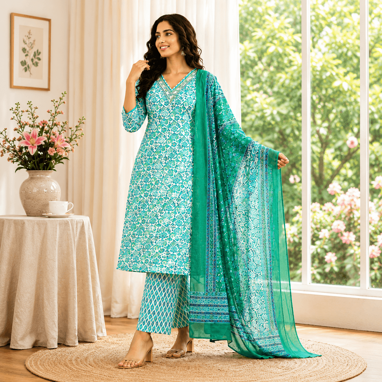 Teal Floral Kurta Set