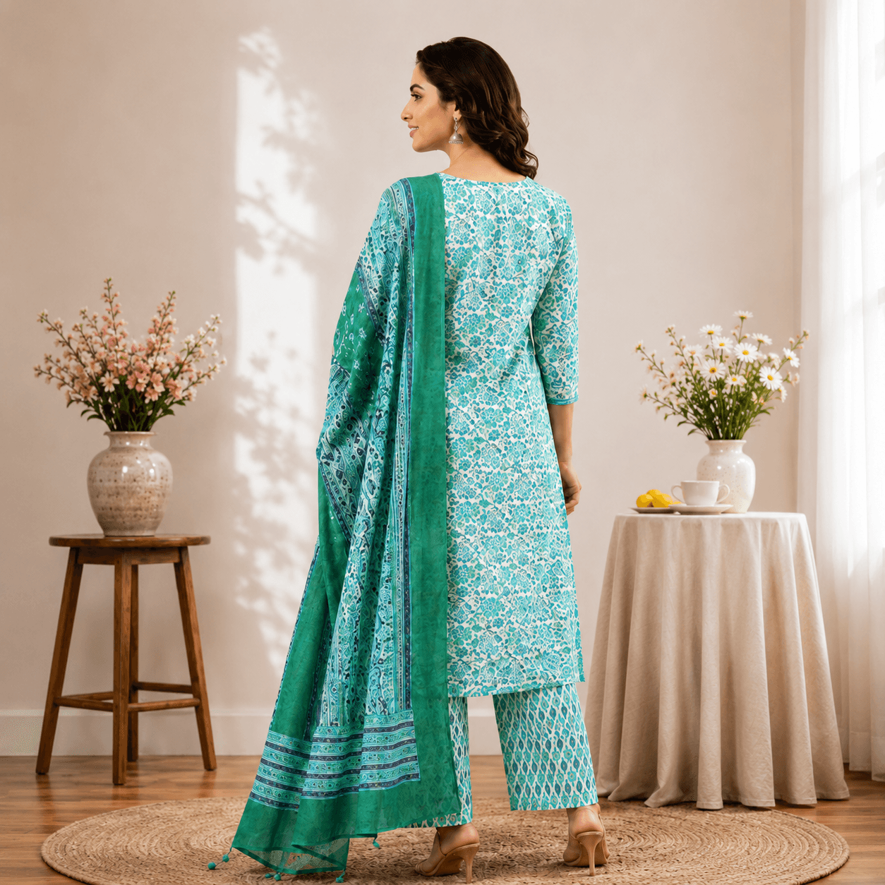 Teal Floral Kurta Set