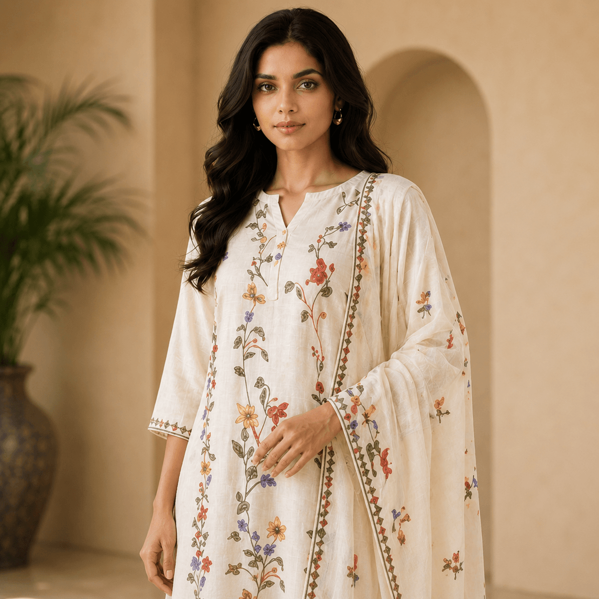 Ivory Blossom Dupatta Set