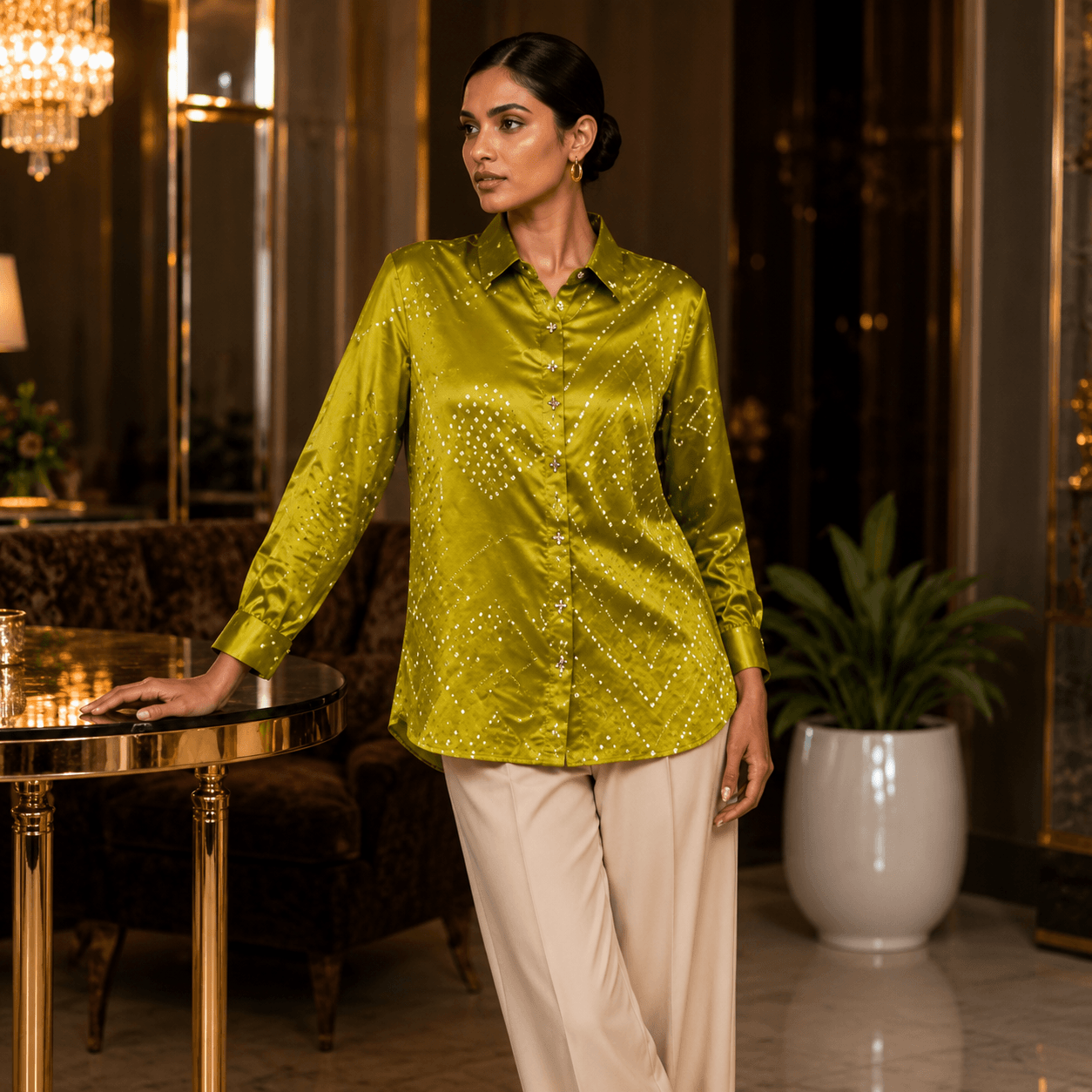 Olive Satin Luxe Statement Shirt