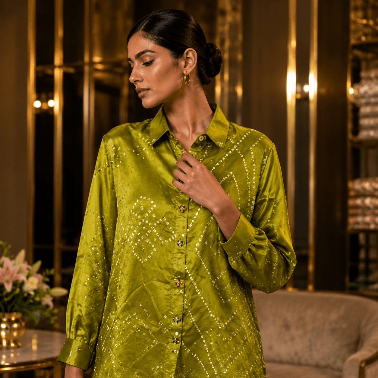 Olive Satin Luxe Statement Shirt