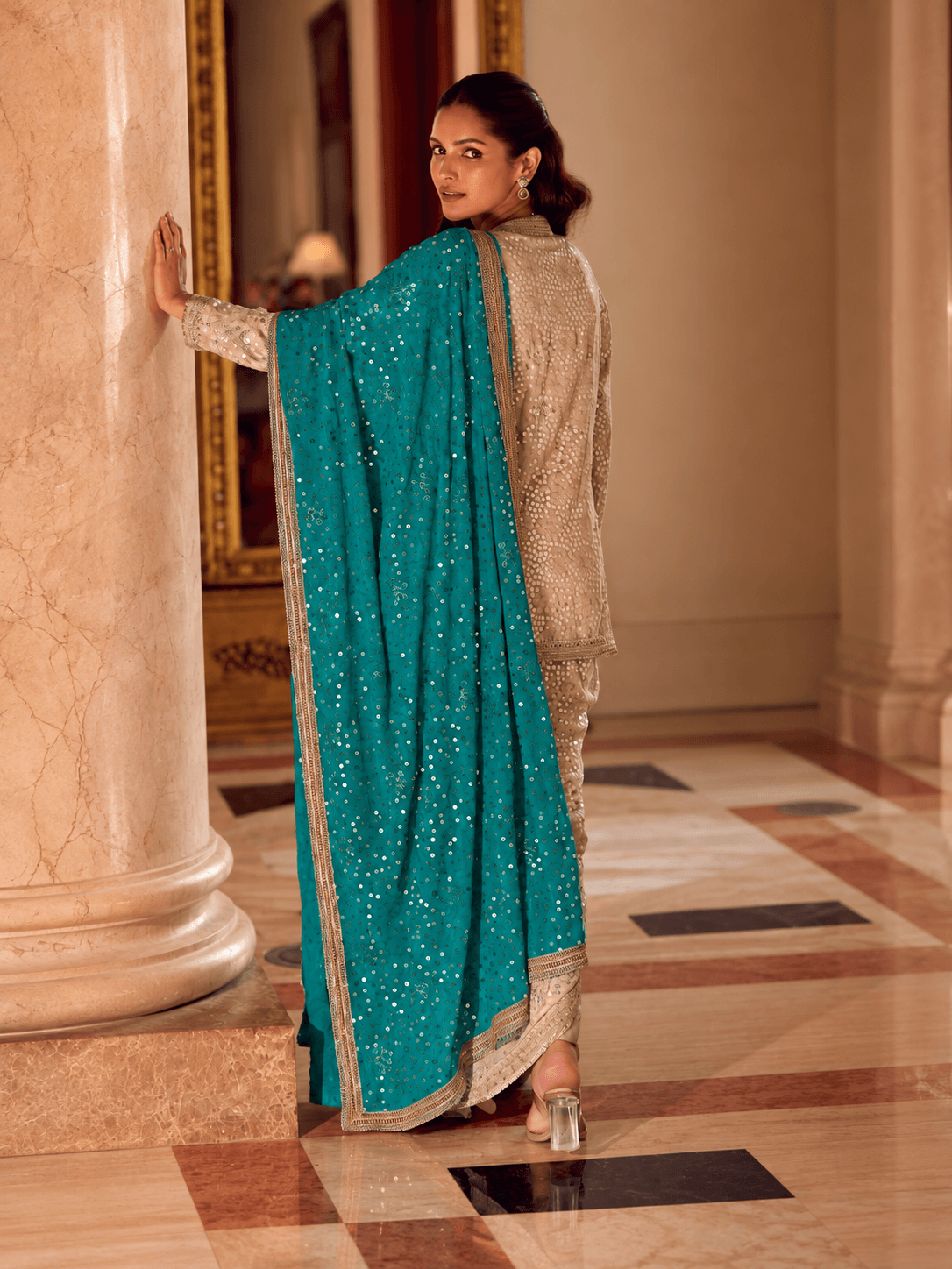 Ivory Teal Royale Embellished 3-Piece Lungi Set