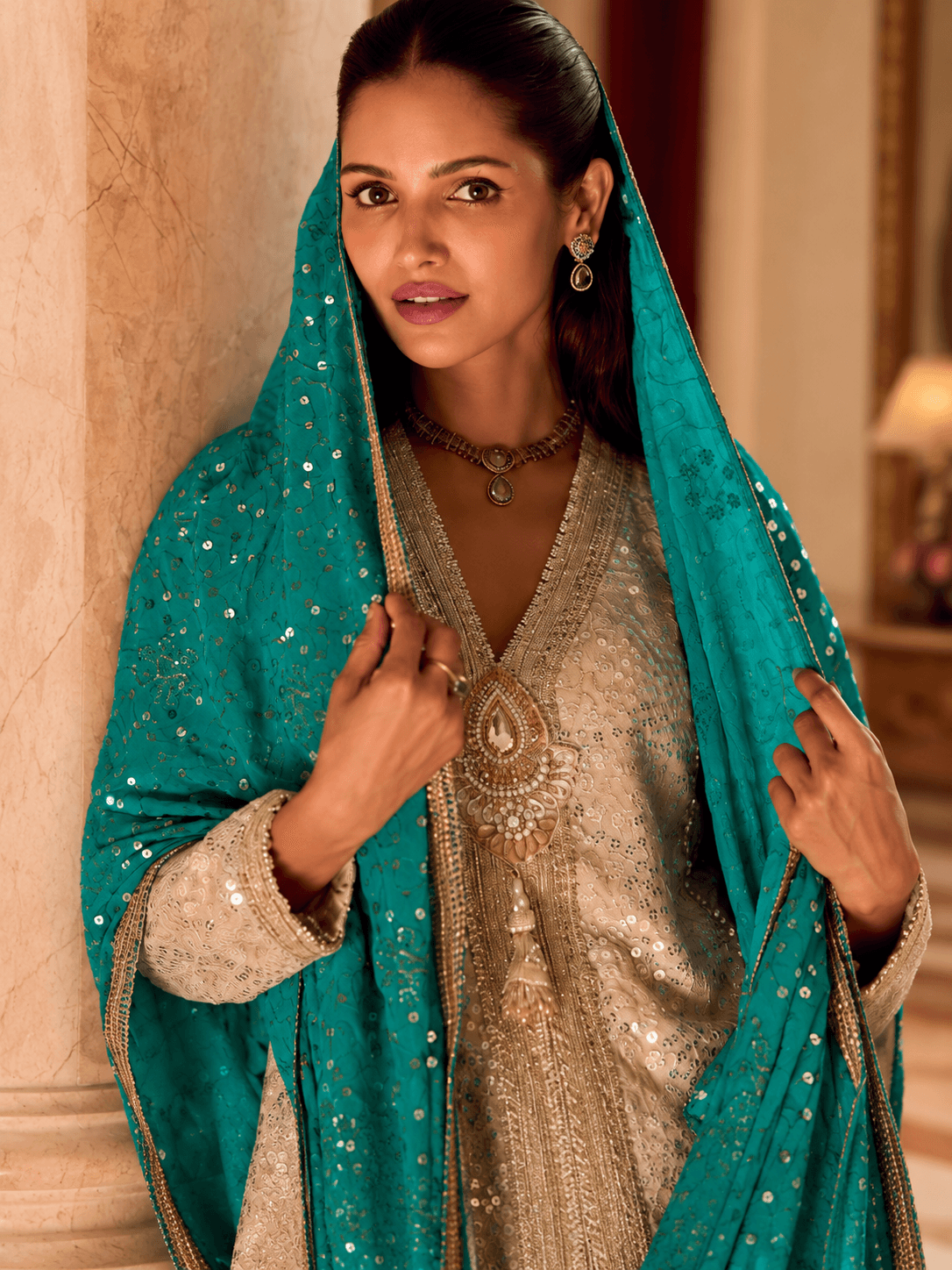 Ivory Teal Royale Embellished 3-Piece Lungi Set