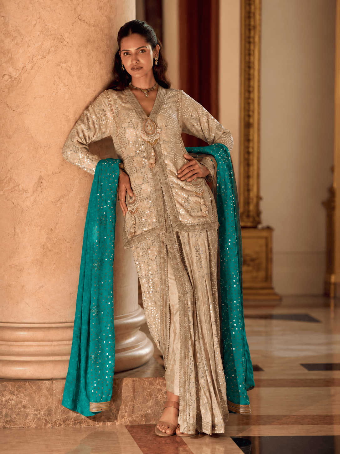 Ivory Teal Royale Embellished 3-Piece Lungi Set