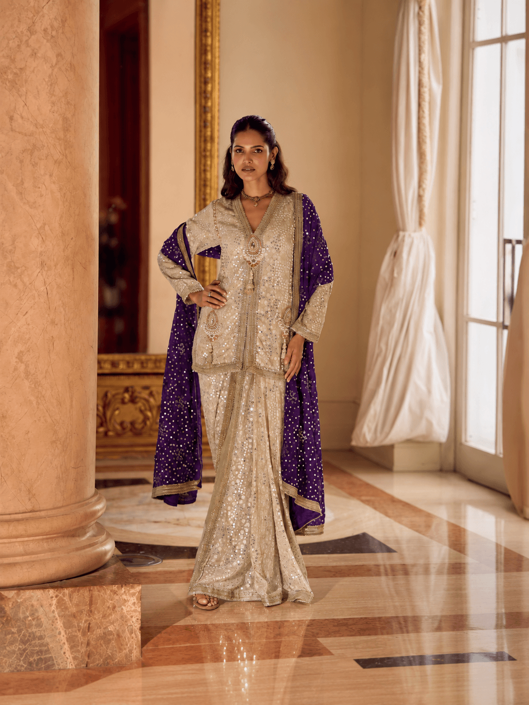 Ivory Amethyst Royale Embellished 3-Piece Lungi Set