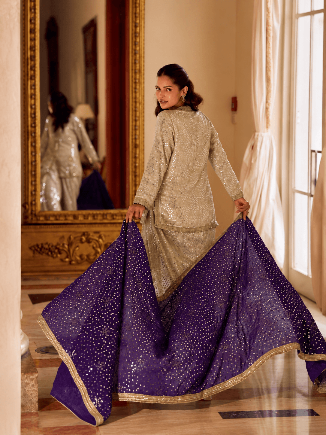 Ivory Amethyst Royale Embellished 3-Piece Lungi Set