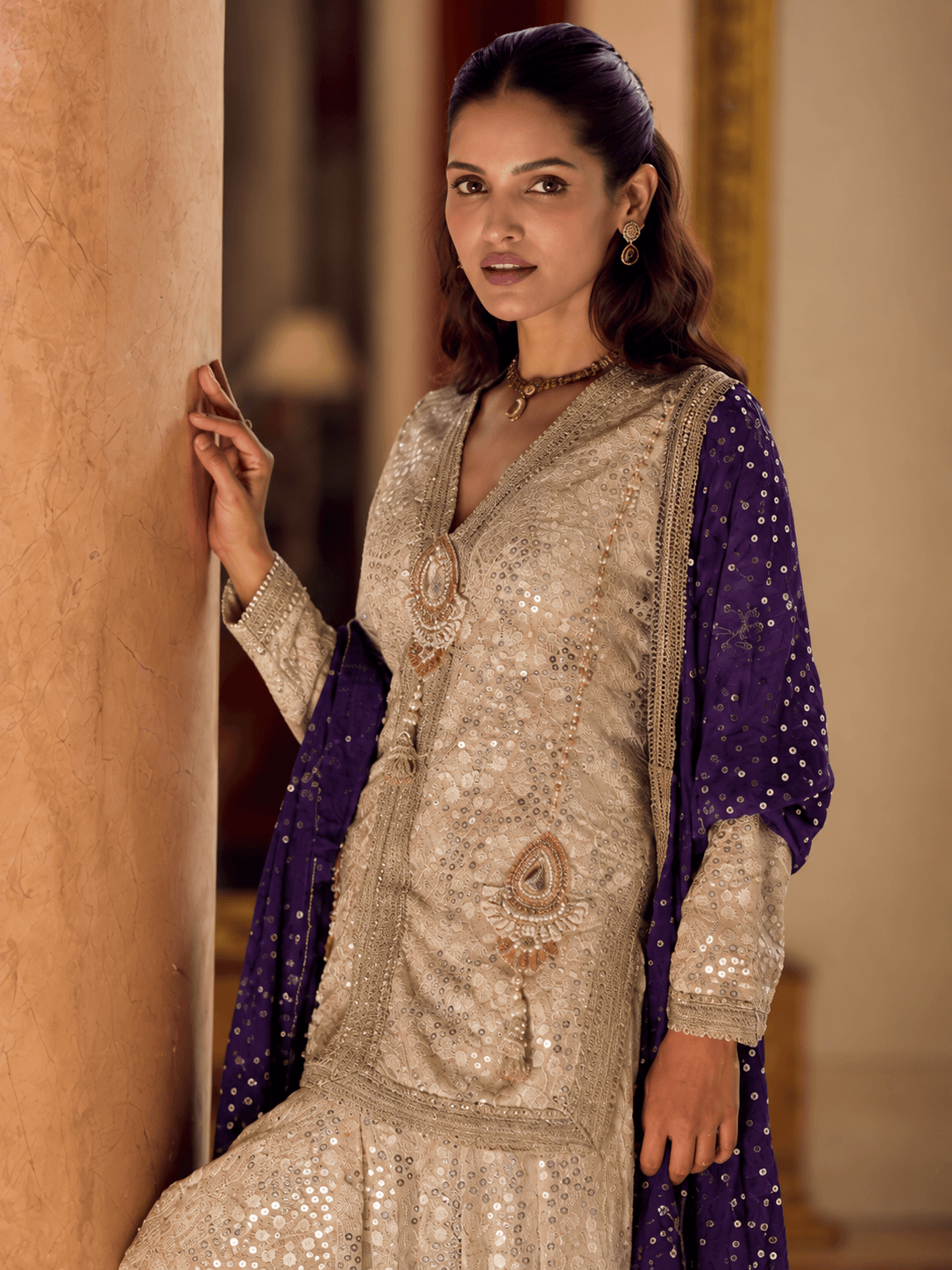 Ivory Amethyst Royale Embellished 3-Piece Lungi Set
