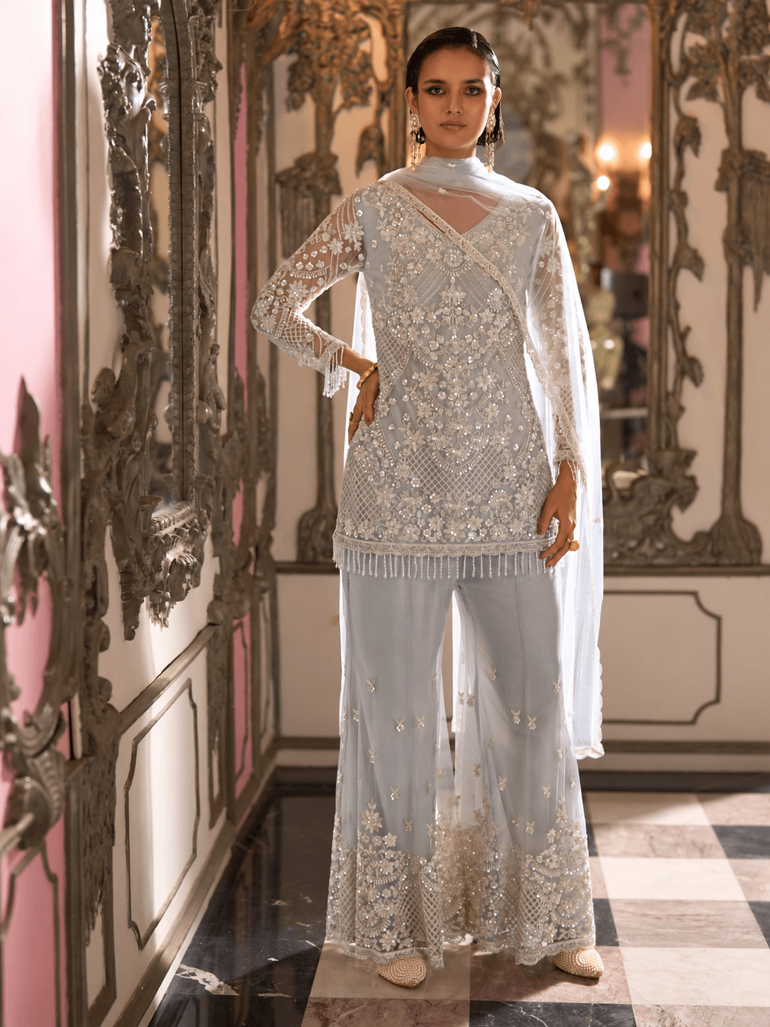 Ice Blue Celestial Embellished 3-Piece Palazzo Set
