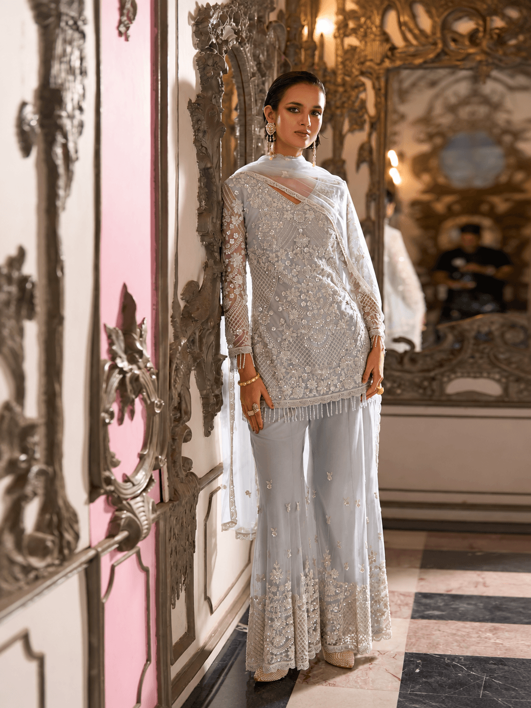 Ice Blue Celestial Embellished 3-Piece Palazzo Set