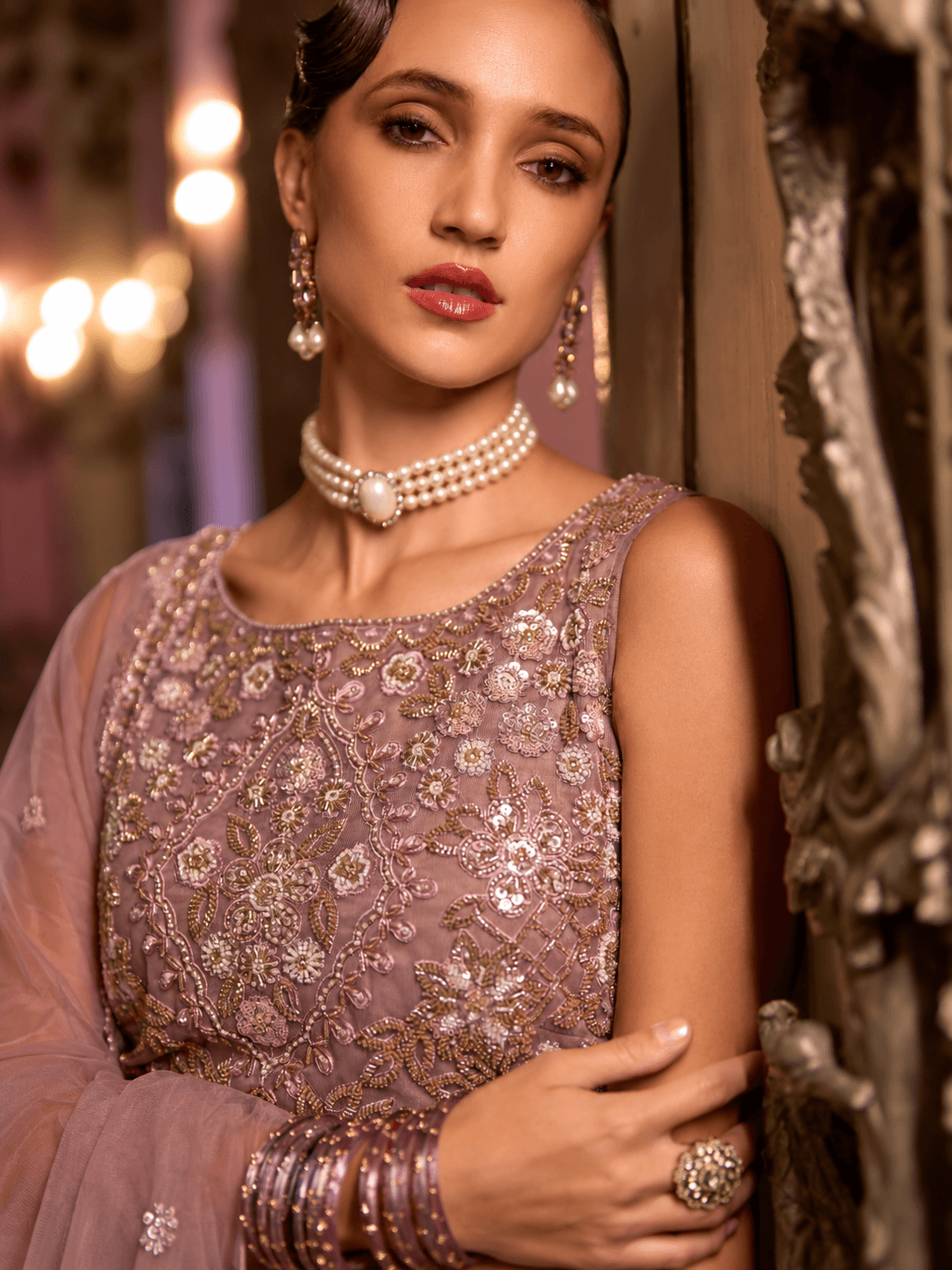 Dusty Rose Royale Embellished 3-Piece Palazzo Set