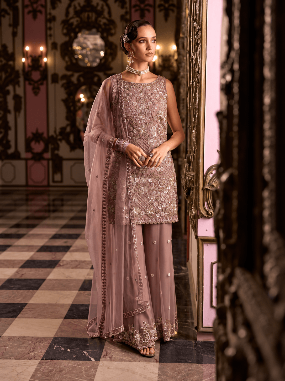 Dusty Rose Royale Embellished 3-Piece Palazzo Set