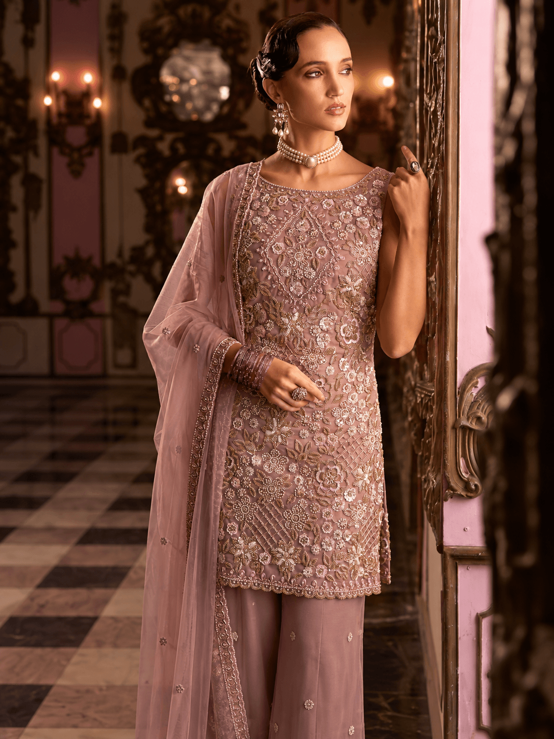 Dusty Rose Royale Embellished 3-Piece Palazzo Set