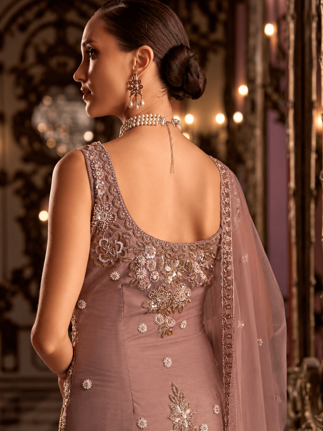 Dusty Rose Royale Embellished 3-Piece Palazzo Set