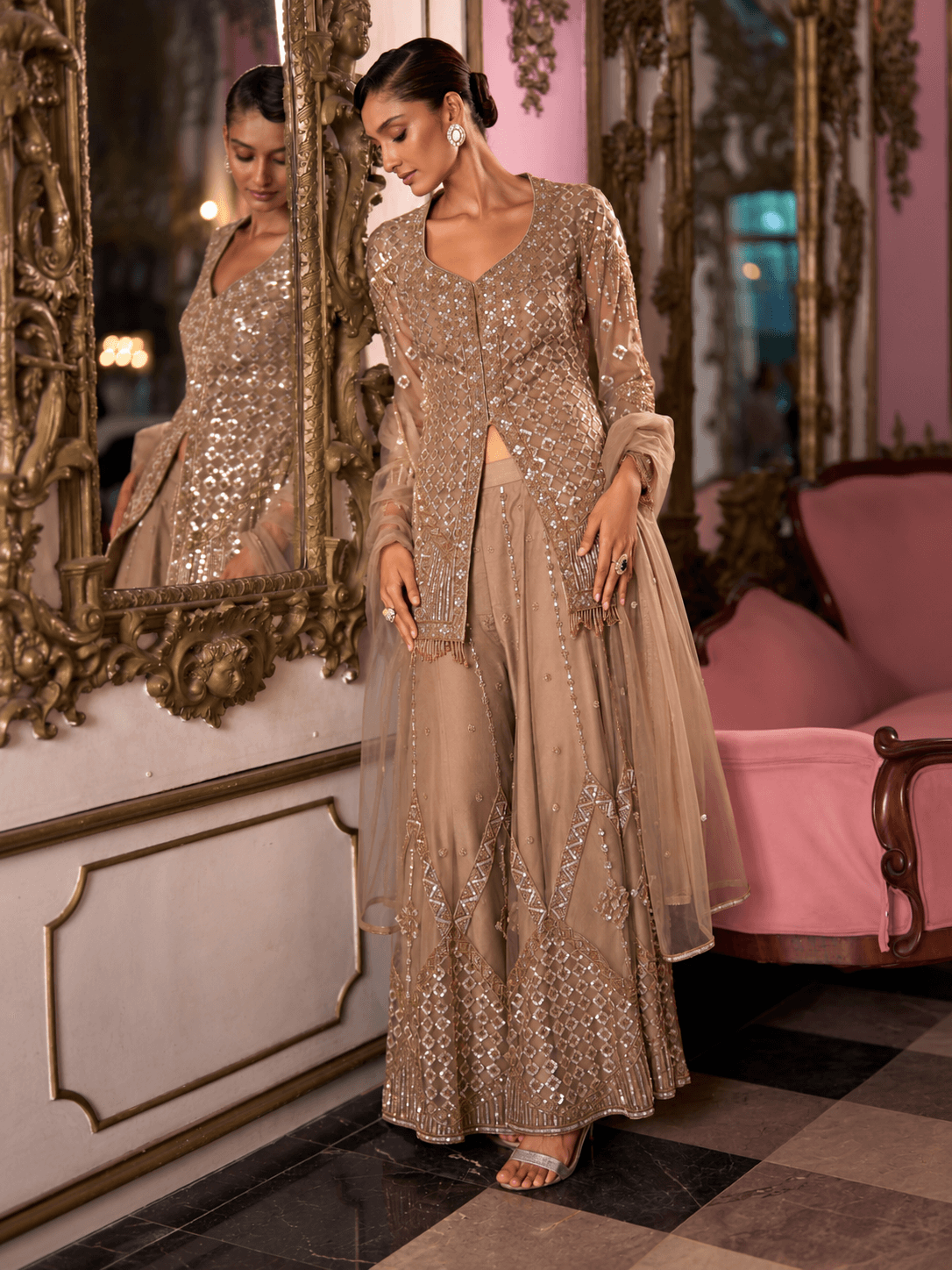 Champagne Gold Mirrorwork Sharara 3-Piece Set