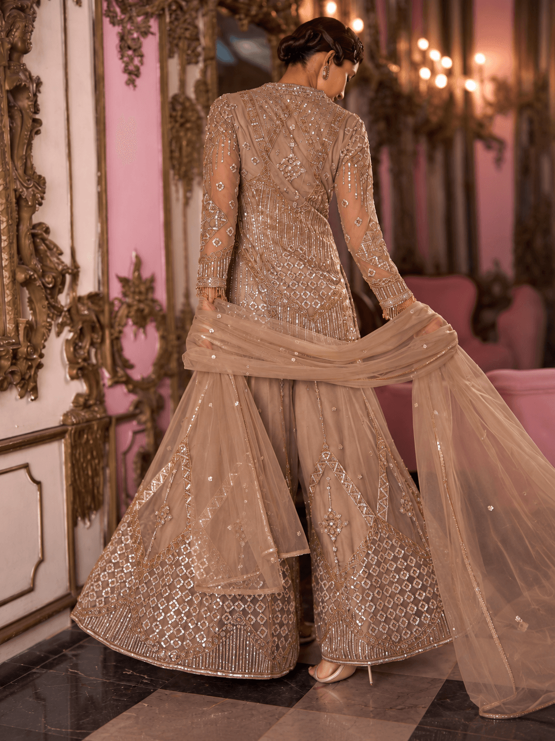 Champagne Gold Mirrorwork Sharara 3-Piece Set