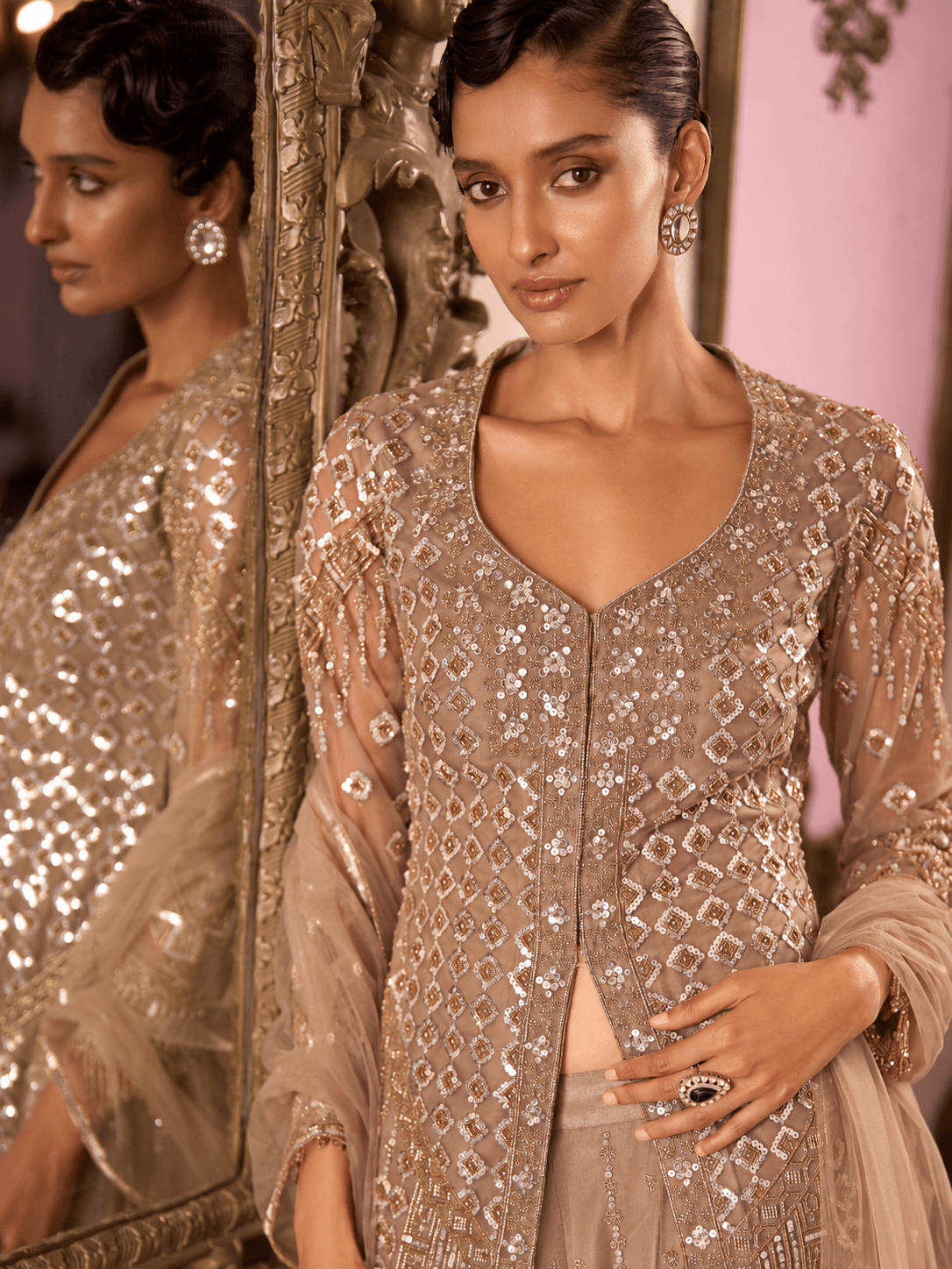 Champagne Gold Mirrorwork Sharara 3-Piece Set