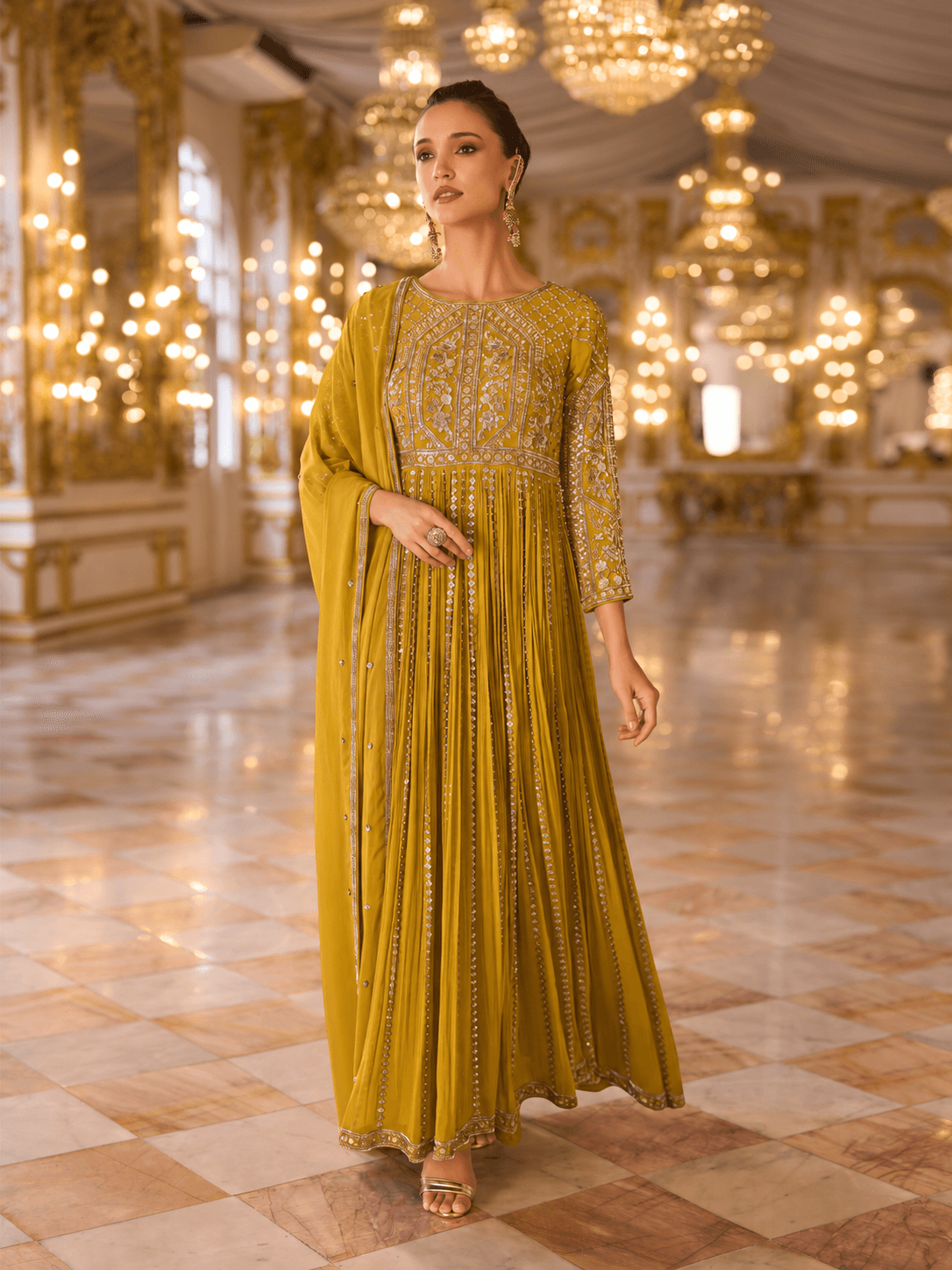 Mustard Gold Embellished Gown Set