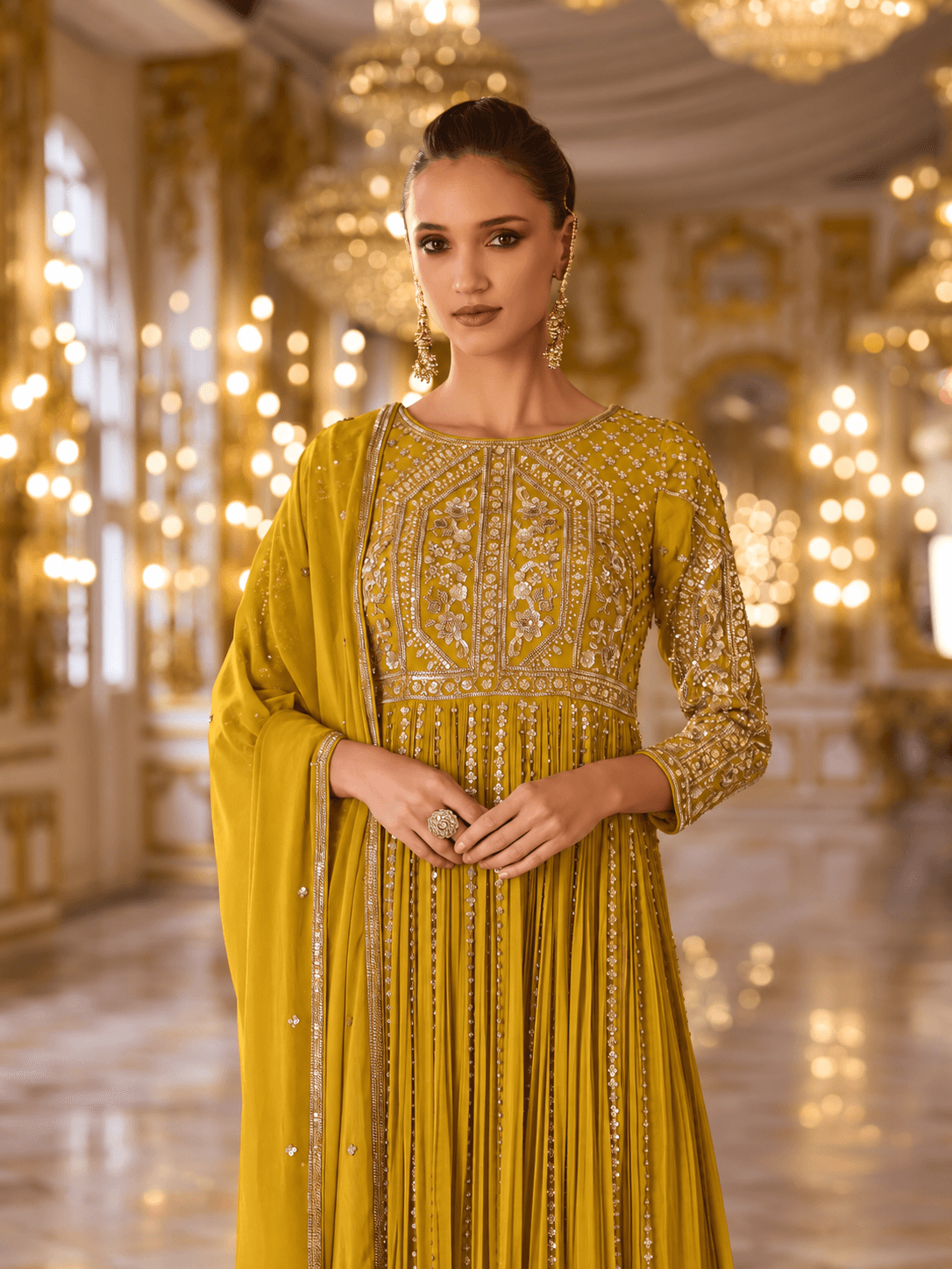 Mustard Gold Embellished Gown Set
