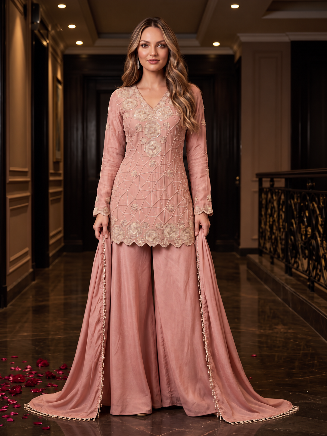 Blush Rose Embroidered Sharara Set