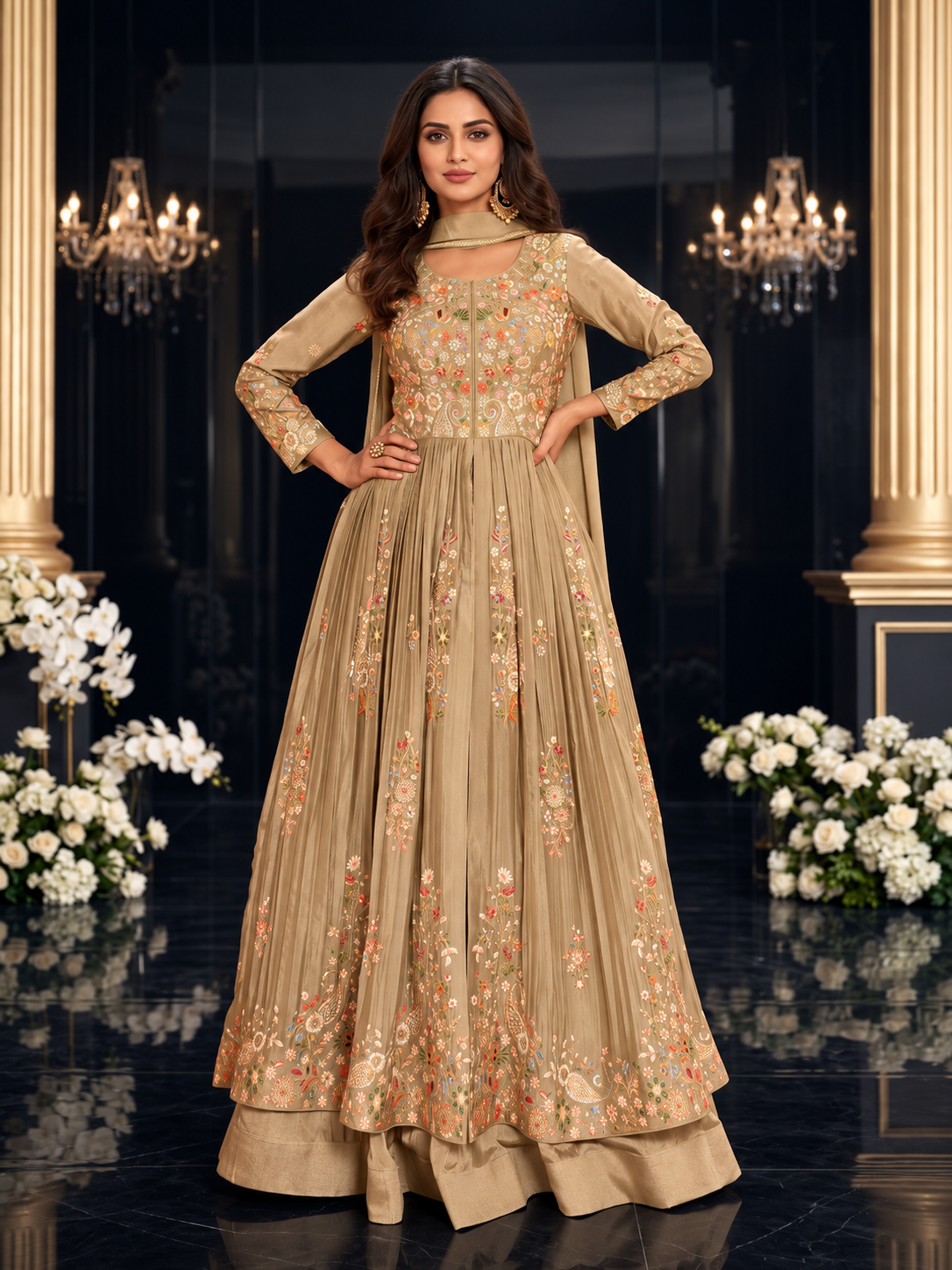 Golden Sand Floral Embroidered Gown Set