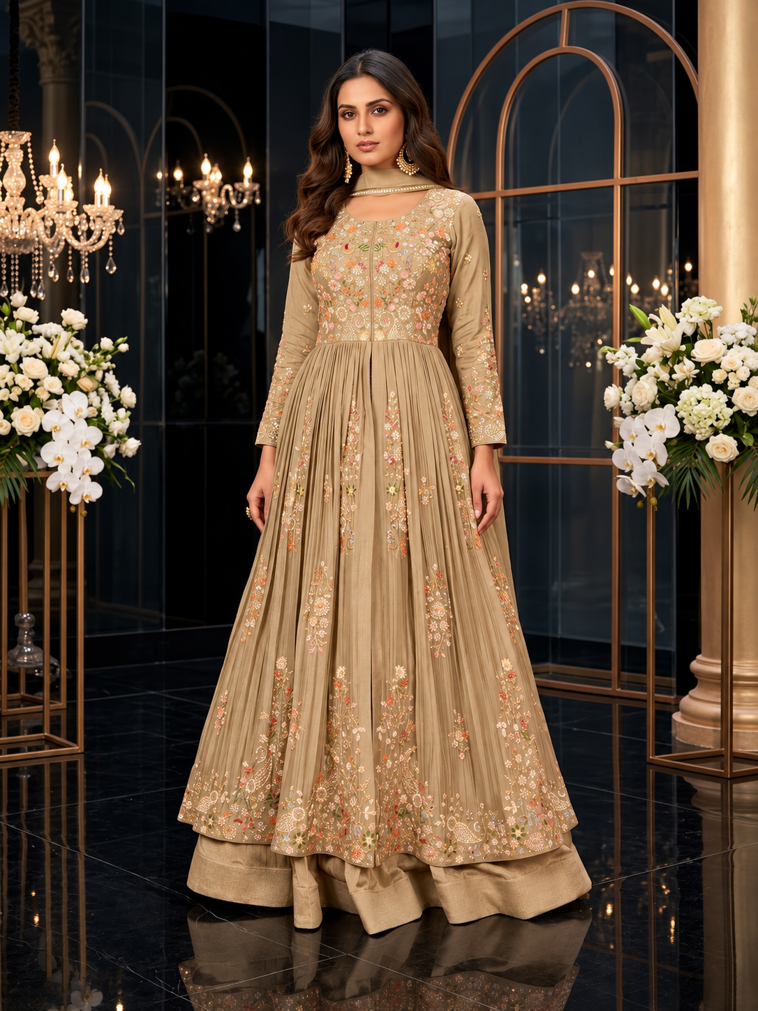 Golden Sand Floral Embroidered Gown Set