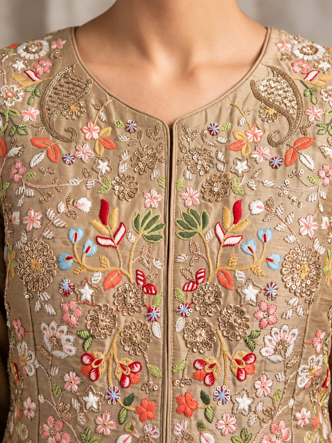 Golden Sand Floral Embroidered Gown Set