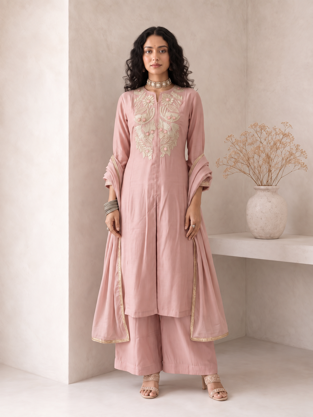 Blush Rose Embroidered Dupatta Set