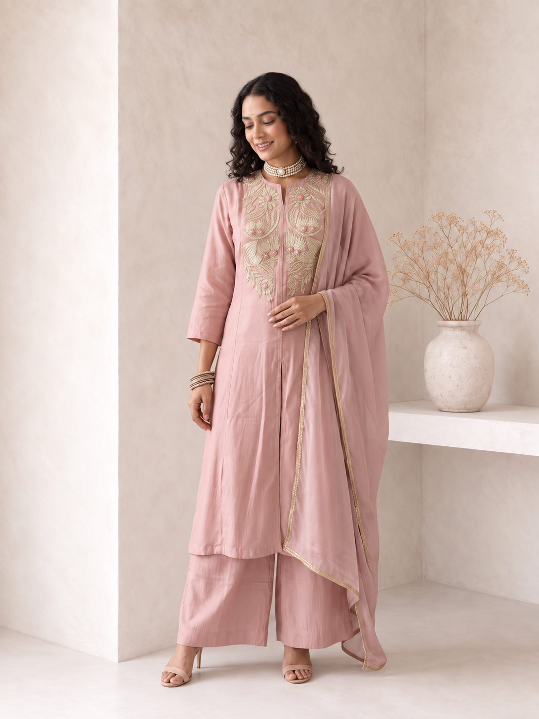 Blush Rose Embroidered Dupatta Set