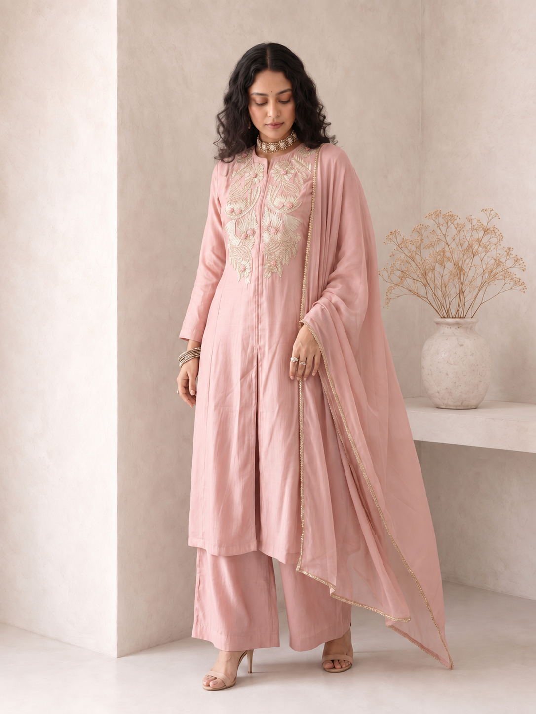 Blush Rose Embroidered Dupatta Set