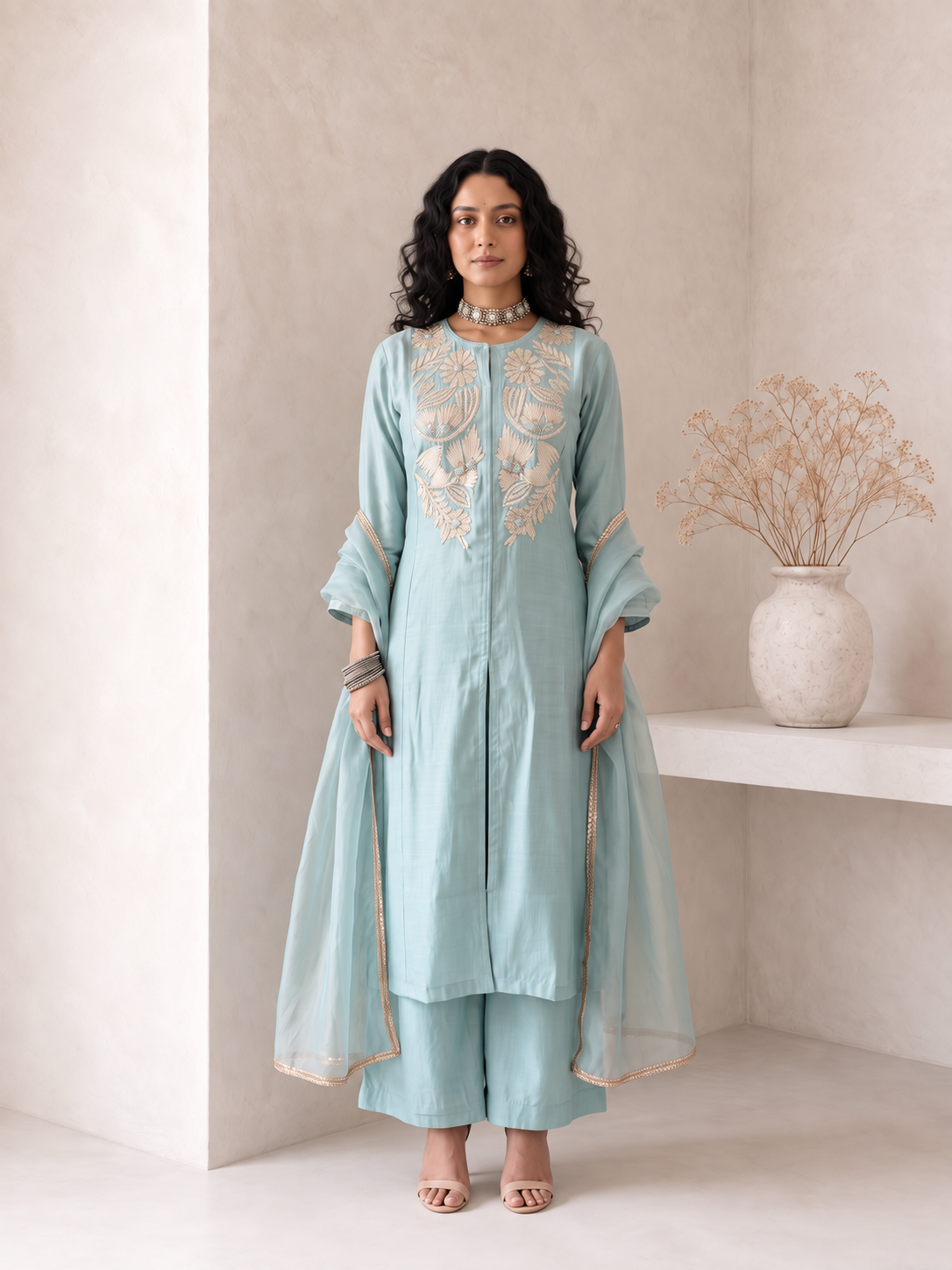 Sea Green Grace Embroidered Dupatta Set