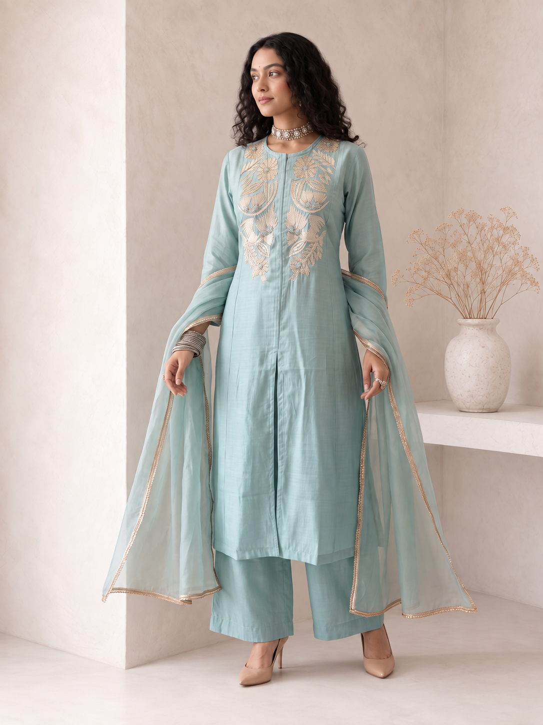 Sea Green Grace Embroidered Dupatta Set